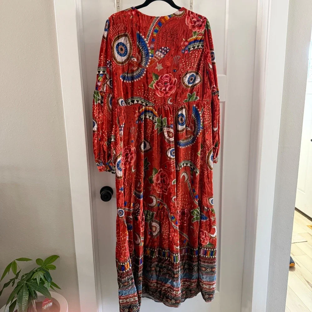NWT Farm Rio Mystic Red Velvet Maxi Dress XL Long Sleeve Celestial Evil Eye Boho - Picture 2 of 7